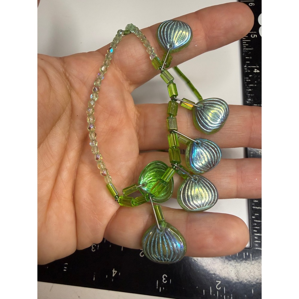Vintage Green Glass Bead Iridescent Shell Charm Necklace Coastal Mermaidcore 18"